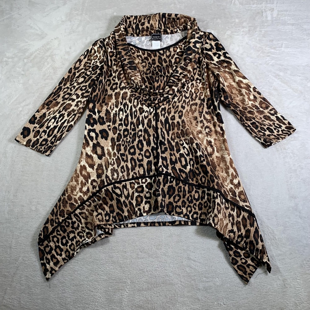 Coco Bianco Tunic Womens Large Leopard Cowl‎ Neck 3/4 Sleeve Hanky Hem Made USA